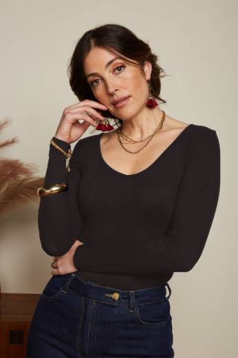 נשים King Louieלבוש HBFR52 carice v top uni rib שָׁחוֹר